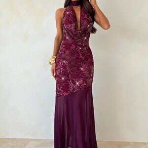 Maroon Party Women's Draped Neck Tie Strap Sequin Extra Long Dress